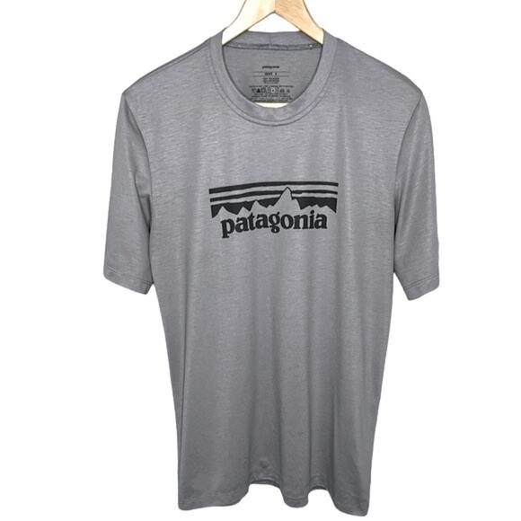 PATAGONIA Men's Gray with Black Front Logo Short Sleeve Crew Neck T-shirt Size S - Picture 1 of 7